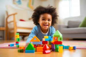 toddler girl playing with blocks 